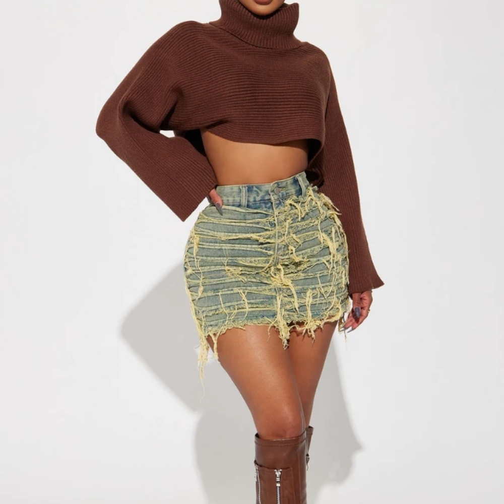 Vintage wash denim distressed skirt